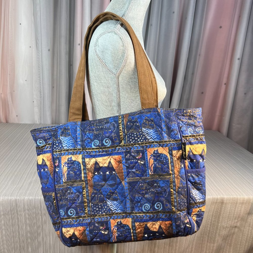Laurel Burch Indigo Cats Patchwork Zippered Top Medium Tote - Picture 1 of 12